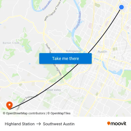 Highland Station to Southwest Austin map