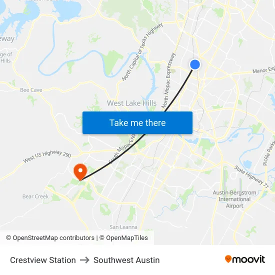 Crestview Station to Southwest Austin map
