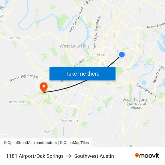 1181 Airport/Oak Springs to Southwest Austin map