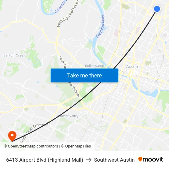 6413 Airport Blvd (Highland Mall) to Southwest Austin map
