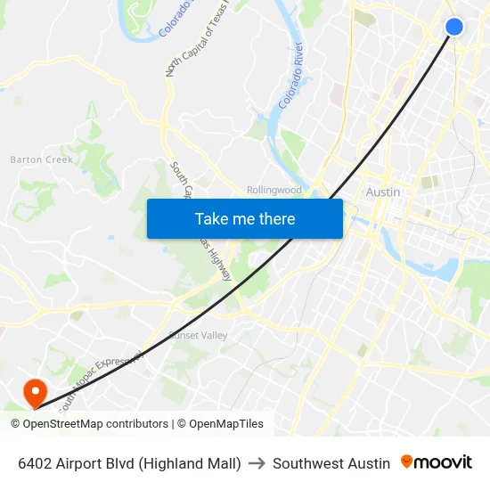6402 Airport Blvd (Highland Mall) to Southwest Austin map