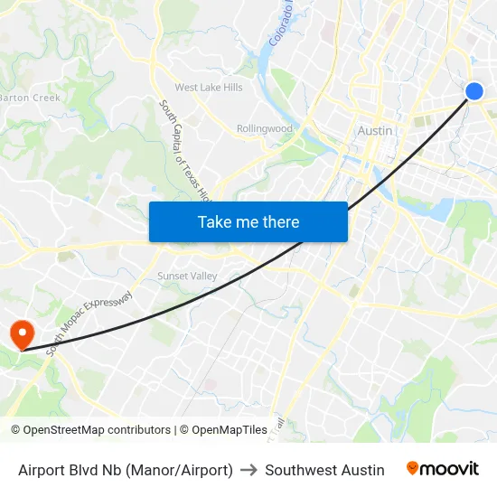 Airport Blvd Nb (Manor/Airport) to Southwest Austin map