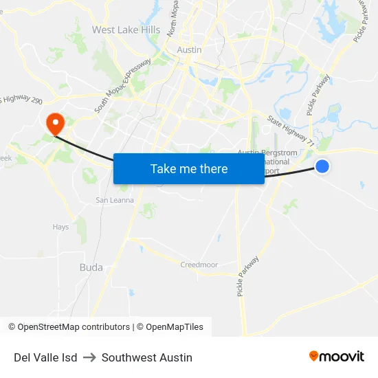 Del Valle Isd to Southwest Austin map