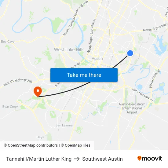 Tannehill/Martin Luther King to Southwest Austin map