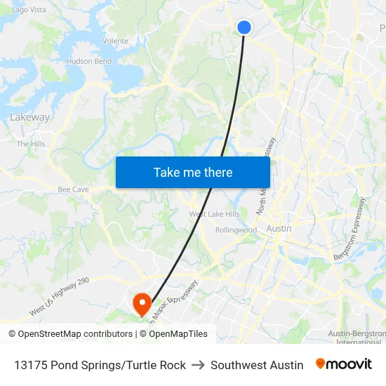 13175 Pond Springs/Turtle Rock to Southwest Austin map