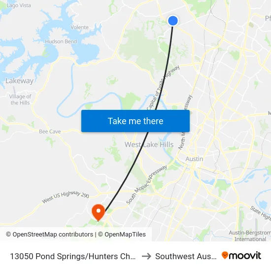13050 Pond Springs/Hunters Chase to Southwest Austin map