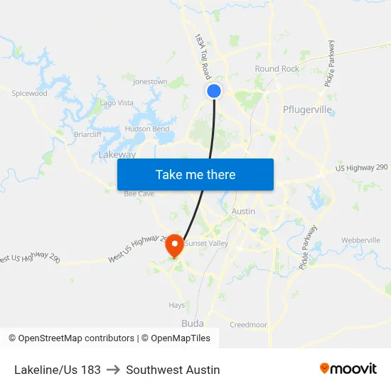 Lakeline/Us 183 to Southwest Austin map