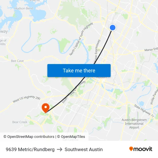 9639 Metric/Rundberg to Southwest Austin map