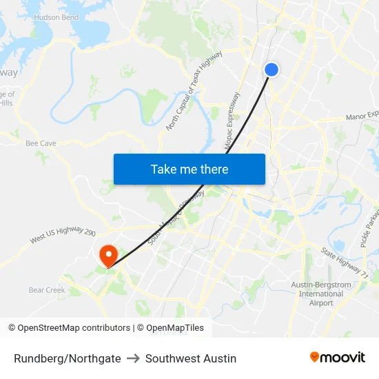 Rundberg/Northgate to Southwest Austin map