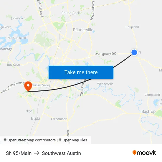 Sh 95/Main to Southwest Austin map