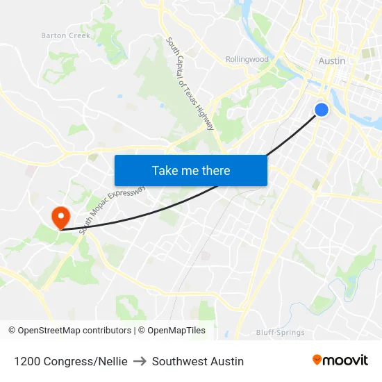 1200 Congress/Nellie to Southwest Austin map