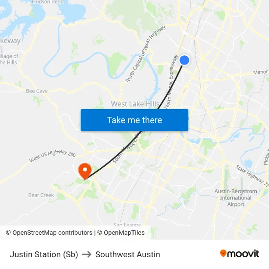 Justin Station (Sb) to Southwest Austin map