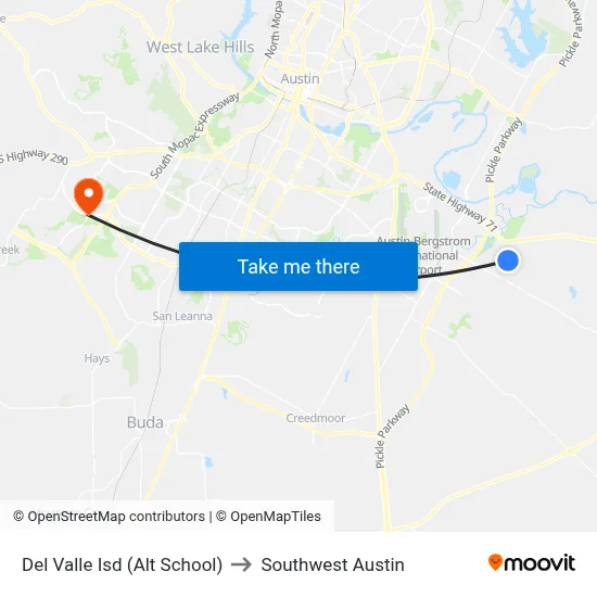 Del Valle Isd (Alt School) to Southwest Austin map