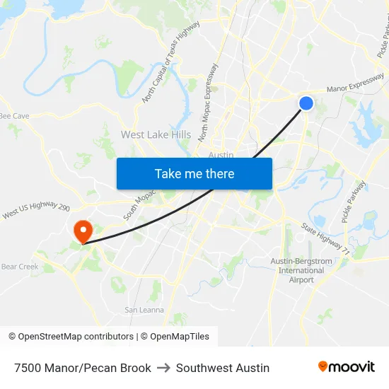 7500 Manor/Pecan Brook to Southwest Austin map