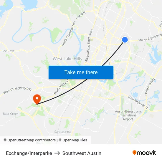 Exchange/Interparke to Southwest Austin map