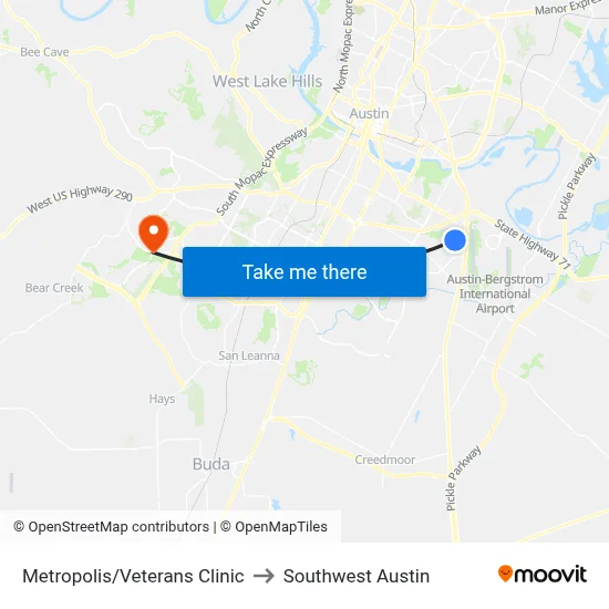 Metropolis/Veterans Clinic to Southwest Austin map