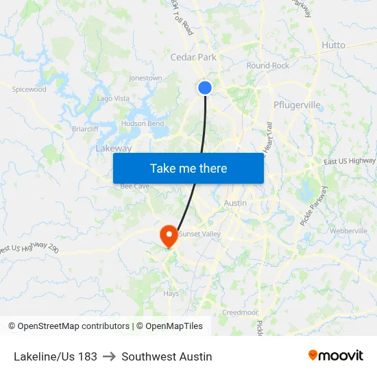 Lakeline/Us 183 to Southwest Austin map