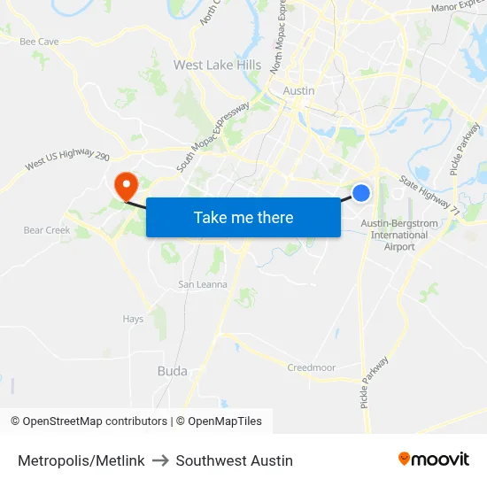 Metropolis/Metlink to Southwest Austin map