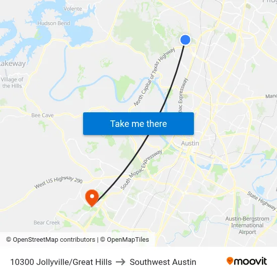 10300 Jollyville/Great Hills to Southwest Austin map