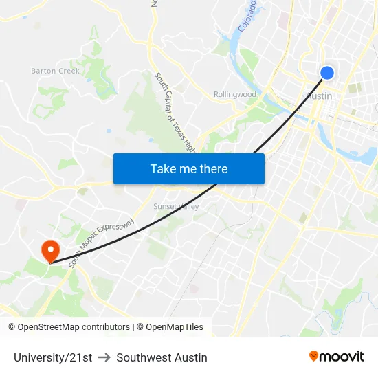 University/21st to Southwest Austin map