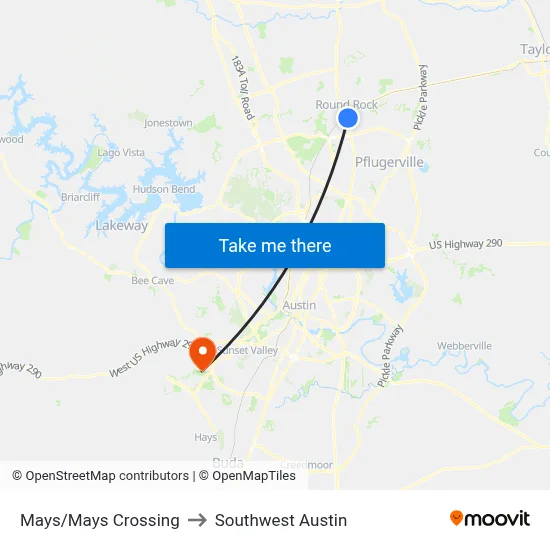Mays/Mays Crossing to Southwest Austin map