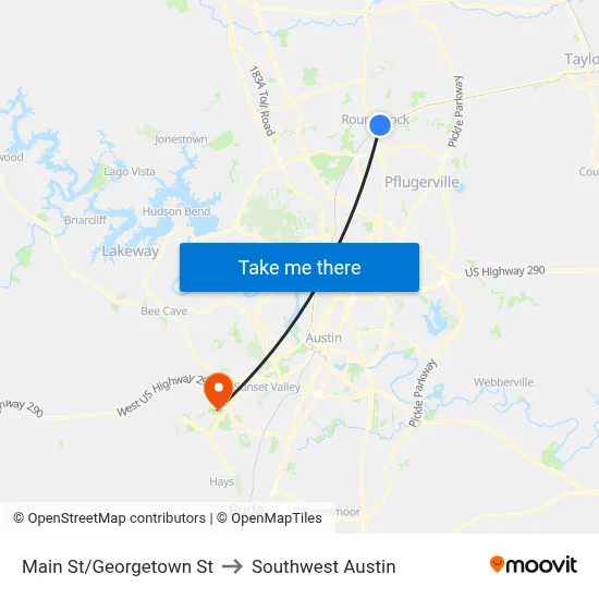 Main St/Georgetown St to Southwest Austin map