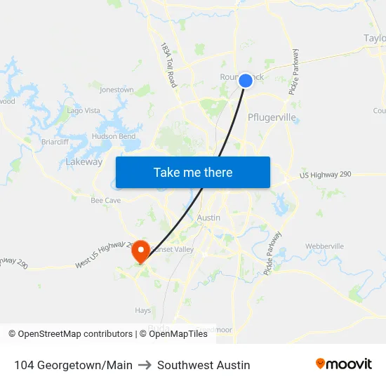 104 Georgetown/Main to Southwest Austin map