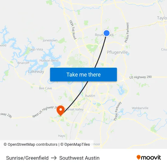 Sunrise/Greenfield to Southwest Austin map