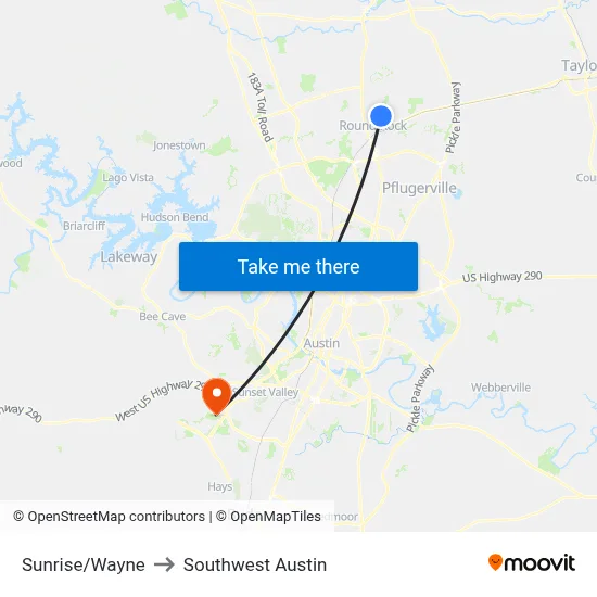 Sunrise/Wayne to Southwest Austin map