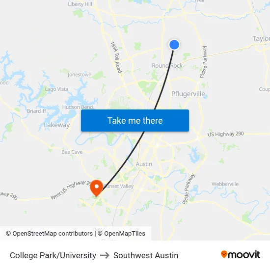 College Park/University to Southwest Austin map