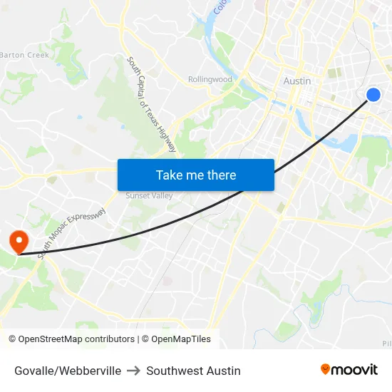 Govalle/Webberville to Southwest Austin map