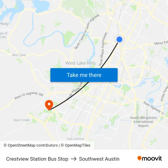 Crestview Station Bus Stop to Southwest Austin map