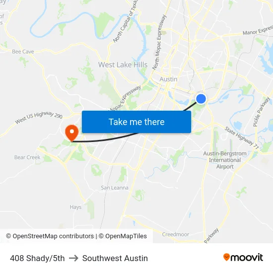 408 Shady/5th to Southwest Austin map