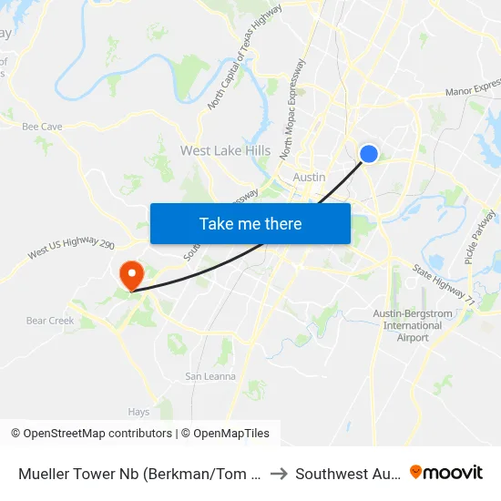 Mueller Tower Nb (Berkman/Tom Miller) to Southwest Austin map