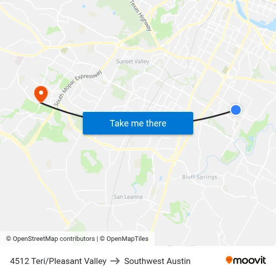 4512 Teri/Pleasant Valley to Southwest Austin map