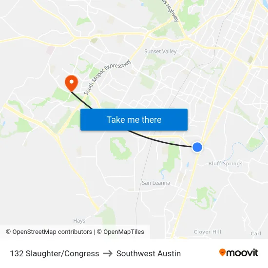 132 Slaughter/Congress to Southwest Austin map