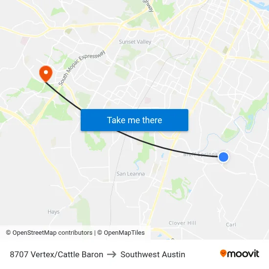 8707 Vertex/Cattle Baron to Southwest Austin map