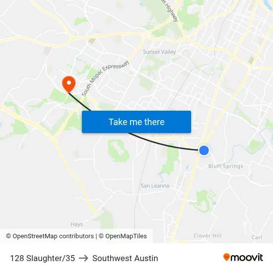 128 Slaughter/35 to Southwest Austin map