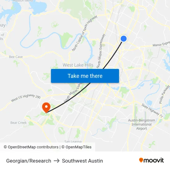 Georgian/Research to Southwest Austin map