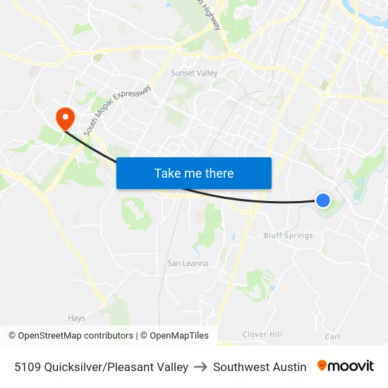 5109 Quicksilver/Pleasant Valley to Southwest Austin map