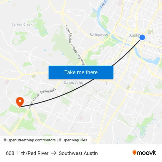 608 11th/Red River to Southwest Austin map