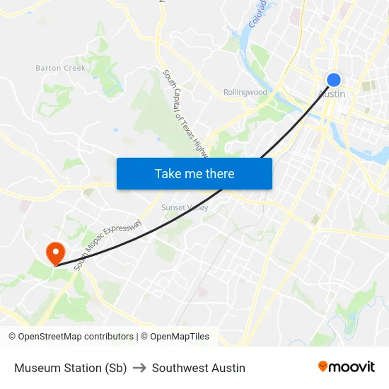 Museum Station (Sb) to Southwest Austin map