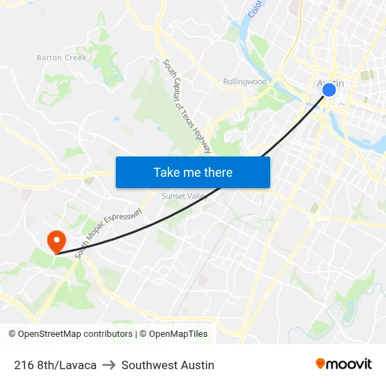 216 8th/Lavaca to Southwest Austin map
