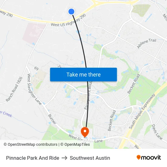 Pinnacle Park And Ride to Southwest Austin map