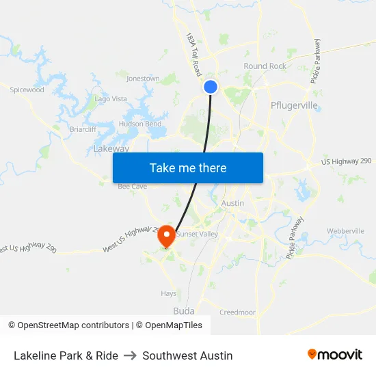 Lakeline Park & Ride to Southwest Austin map