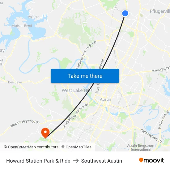 Howard Station Park & Ride to Southwest Austin map