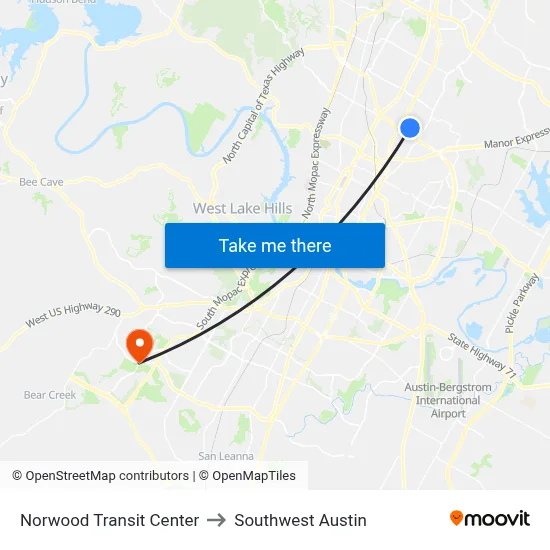 Norwood Transit Center to Southwest Austin map