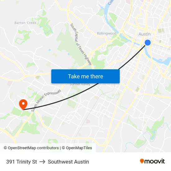 391 Trinity St to Southwest Austin map