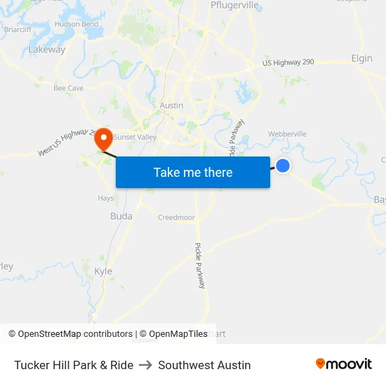 Tucker Hill Park & Ride to Southwest Austin map