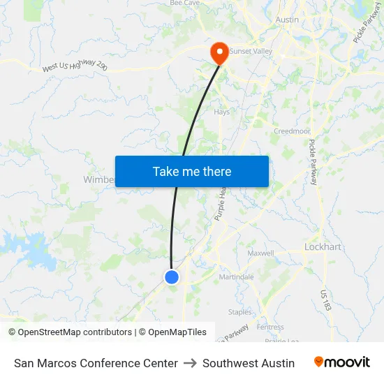 San Marcos Conference Center to Southwest Austin map